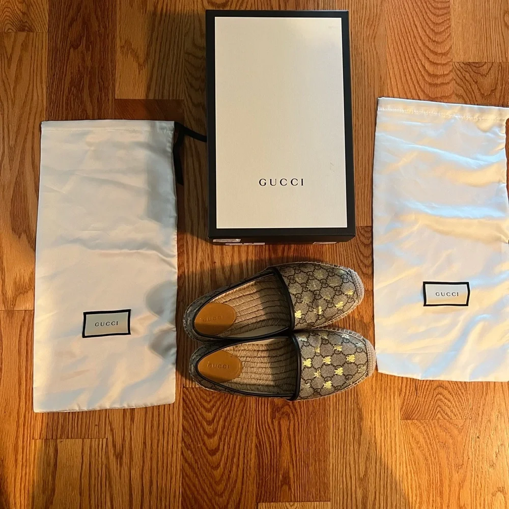 Gucci Beige GG Monogram Espadrille Flats with Black Trim